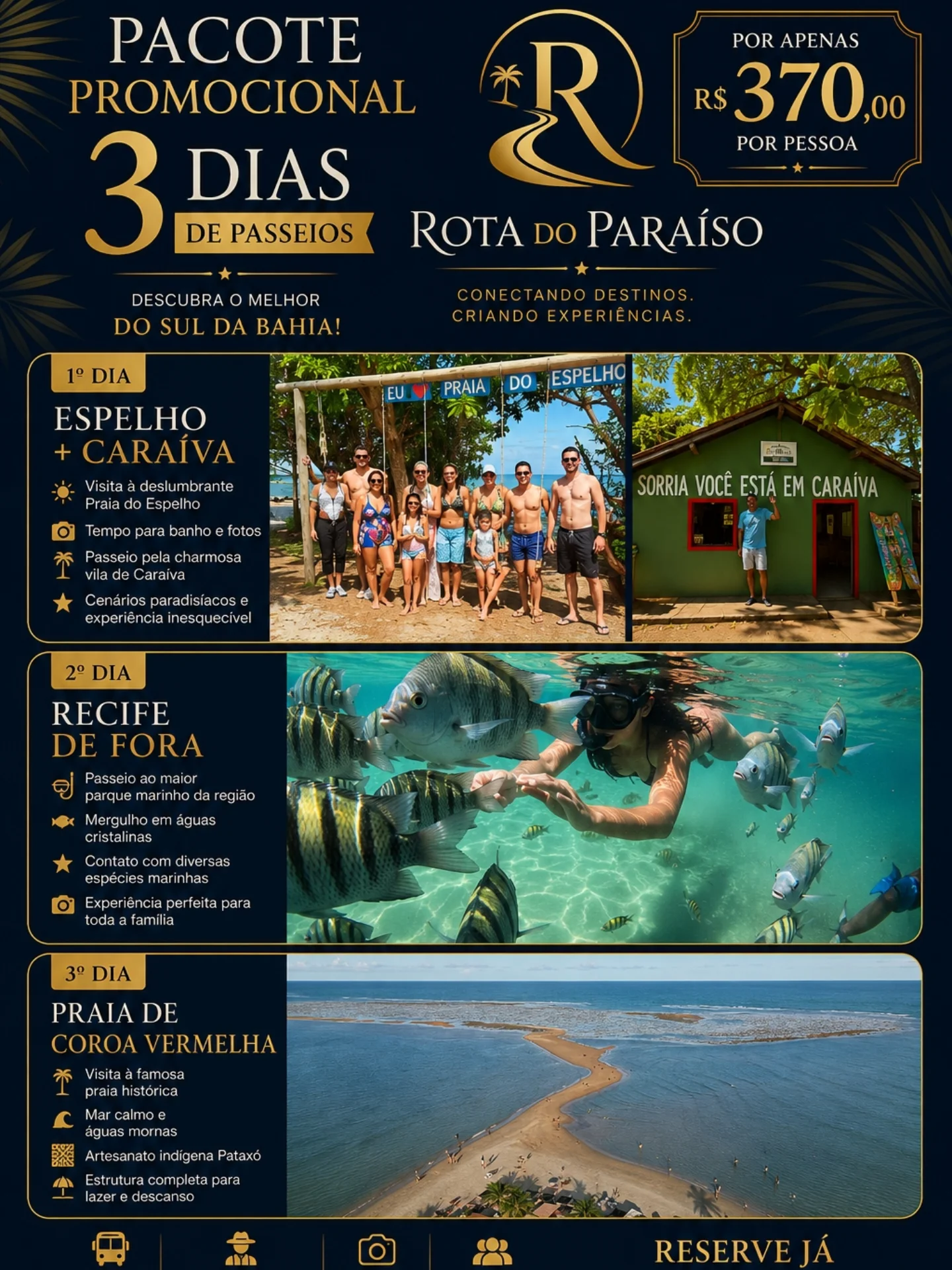 Pacote de 3 dias: Espelho e Caraíva, Recife de Fora e Coroa Vermelha